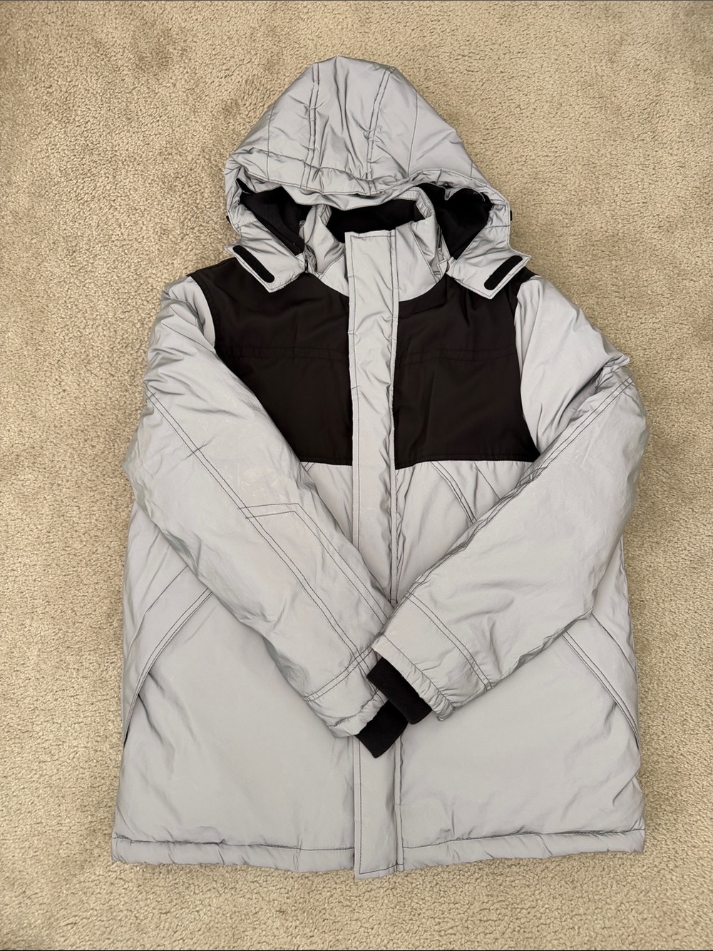 Forever 21 Men's Two-Tone Hooded Winter Jacket - Light Gray & Black size L
